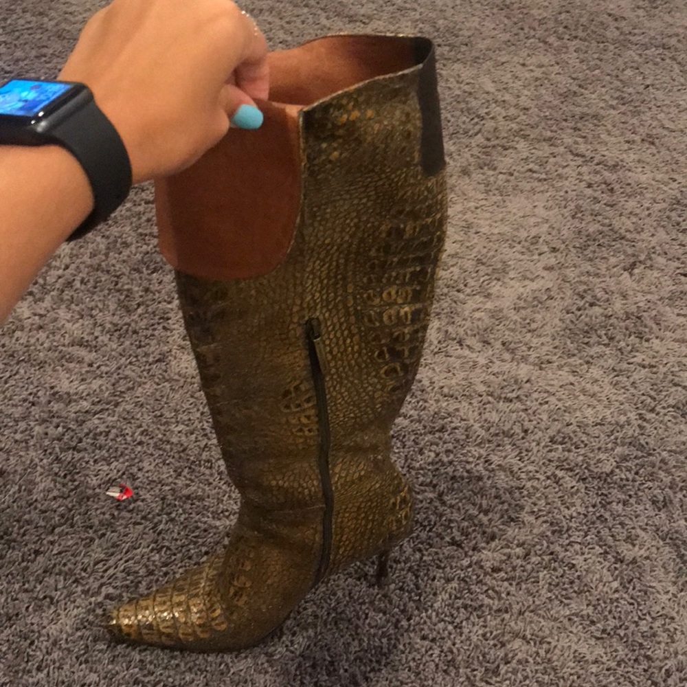 brown leather crocodile heeled boots